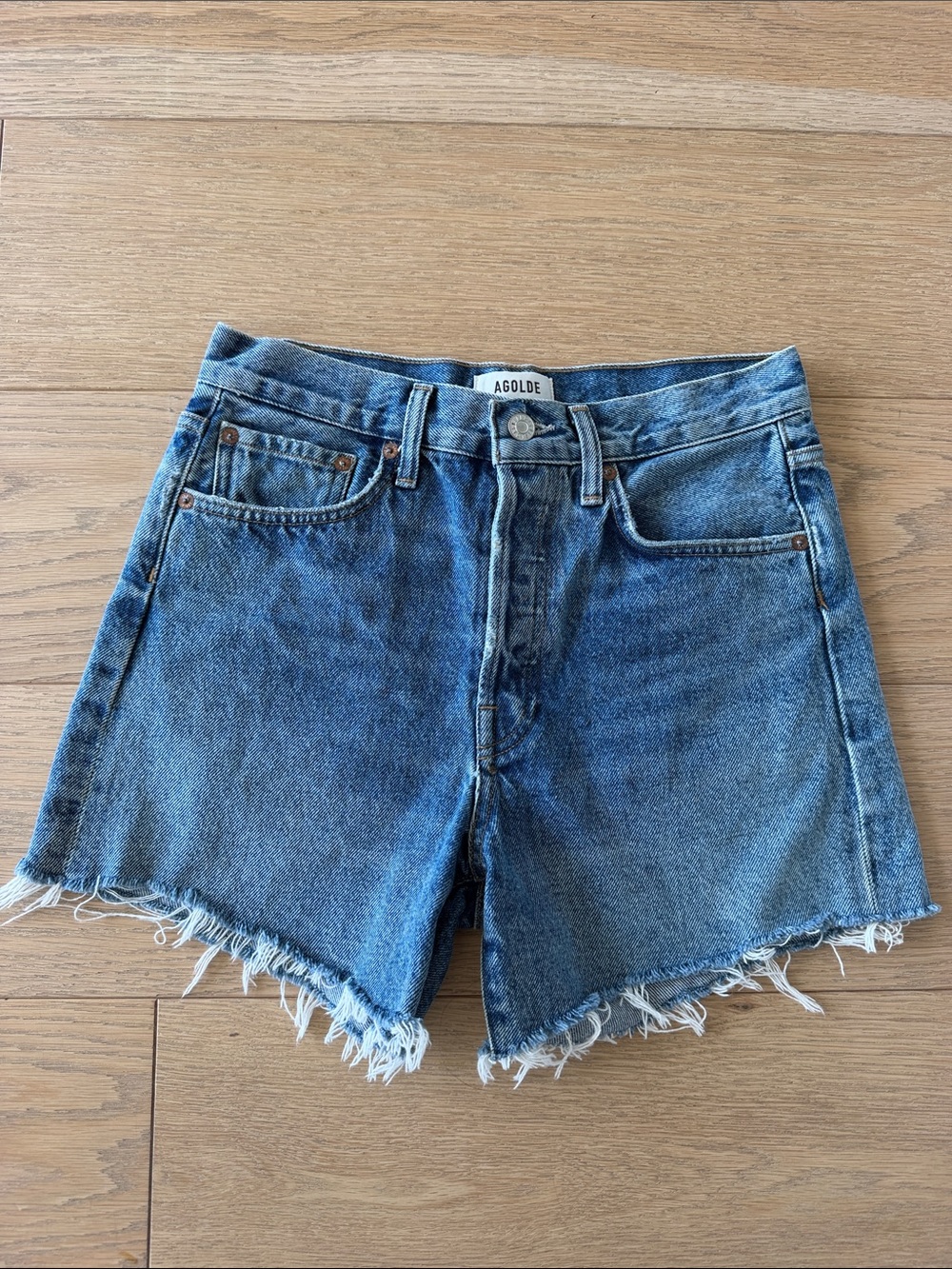 Agolde Blue Denim Jean Shorts with Frayed Hem
